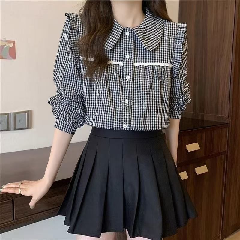 Long-Sleeve Gingham Lace Trim Ruffle Shirt