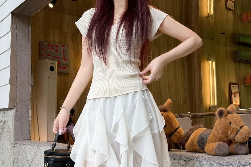 High Waist Plain Asymmetrical Ruffle Mini A-Line Skirt