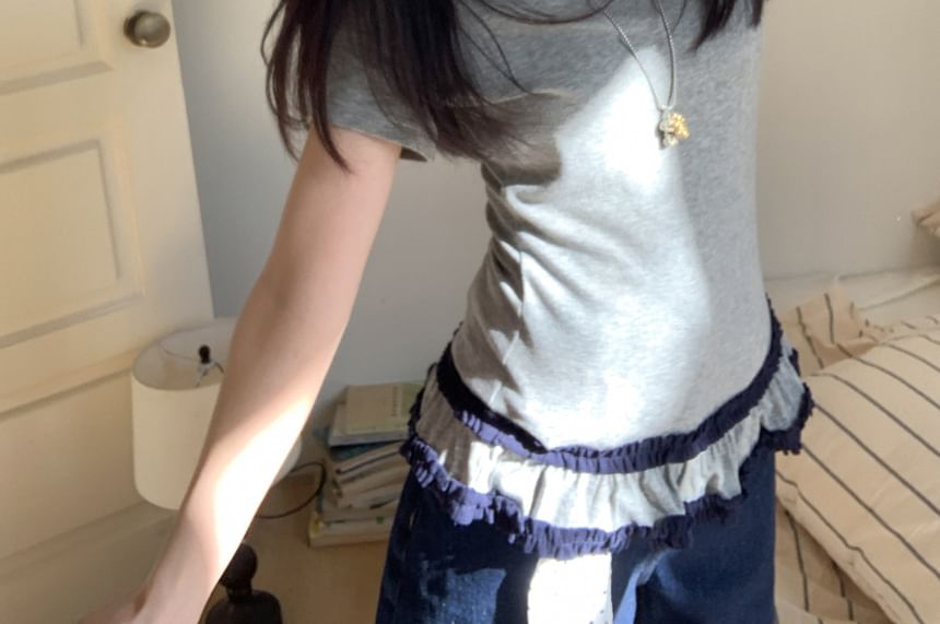Round Neck Ruffled Hem Fitted Tee