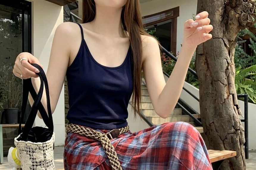 Set: Scoop Neck Plain Crop Camisole Top + High Waist Plaid Maxi A-Line Skirt