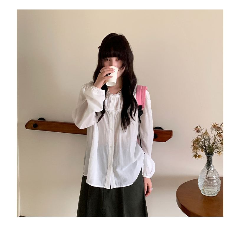 Long-Sleeve Crew Neck Lace Trim Sheer Blouse