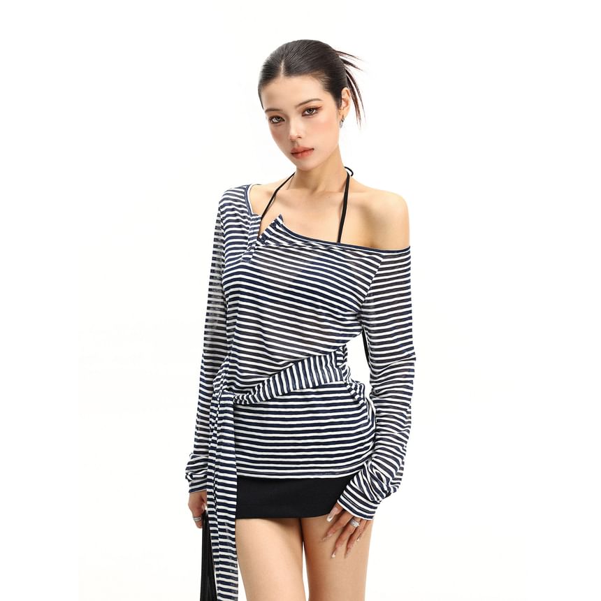 Long-Sleeve Off-Shoulder Striped Tie Waist T-Shirt