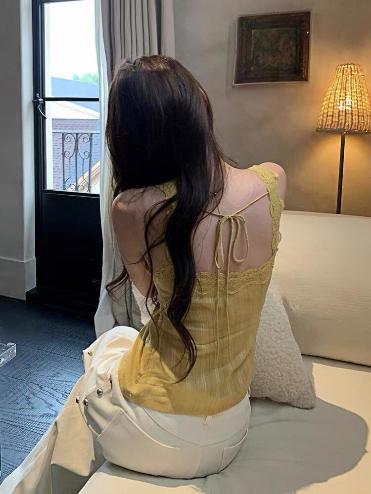 V-Neck Plain Tie Back Panel Lace Camisole Top