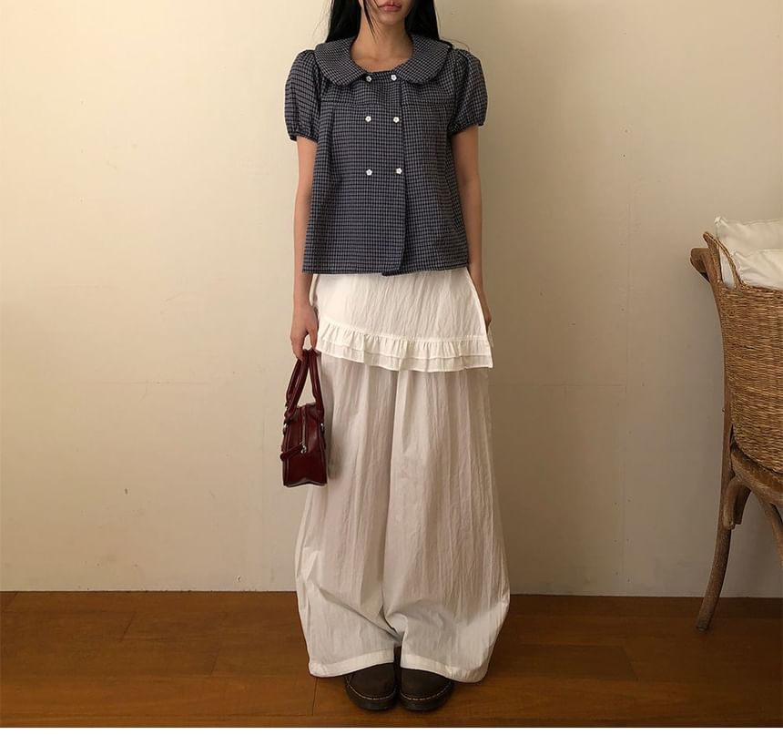 Short Sleeve Collared Plaid Double Breasted Blouse