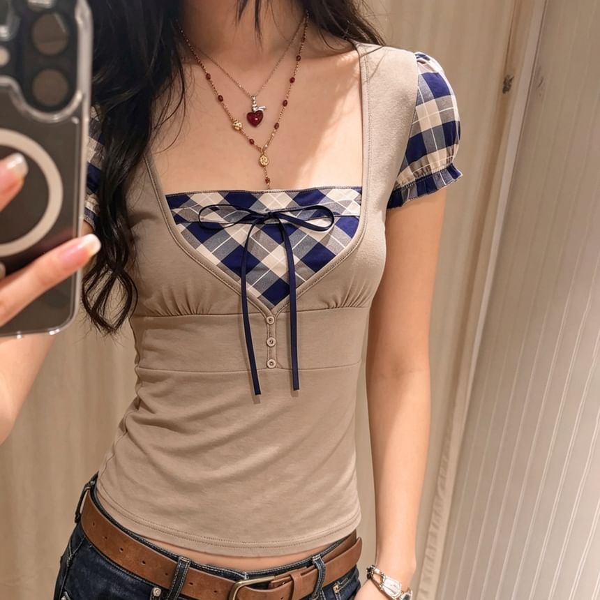 Short-Sleeve Square Neck Plaid Panel Mock Two Piece Top
