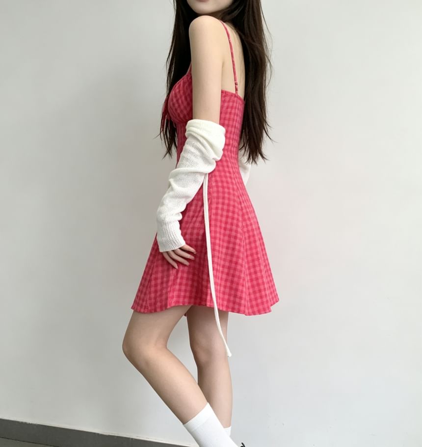 Set: Thin Strap Dotted Mini A-Line Dress + Light Scarf