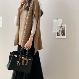 Plain Slit Ribbed Knit Poncho