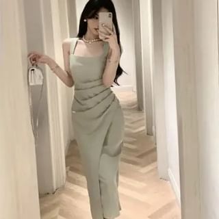 Sheath Dress Neck Sleeveless Ruched Midi Plain Square