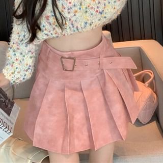 Mock Neck Dotted Cropped Sweater / High Rise Washed Pleated Mini A-Line Skirt