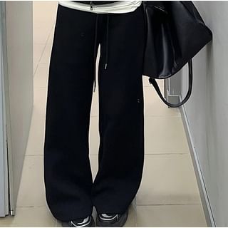 Fluffy Hooded Plain Zip Jacket / Mid Rise Plain Wide Leg Pants