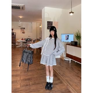 Two-Piece Top & Skirt Set - Lace Panel Sweatshirt with Pleated Mini