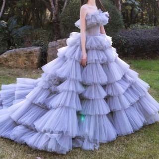 Strapless Plain Ruffle Sequin Tiered A-Line Ball Gown