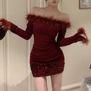Long-Sleeve Off-Shoulder Plain Sequin Fluffy Trim Mini Sheath Dress