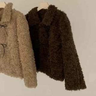 Collared Plain Bow Accent Fluffy Jacket