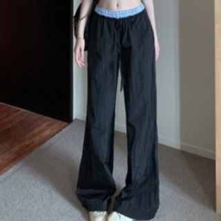 Halter V-Neck Gingham Button-Up Crop Top / Low Waist Wide Leg Pants
