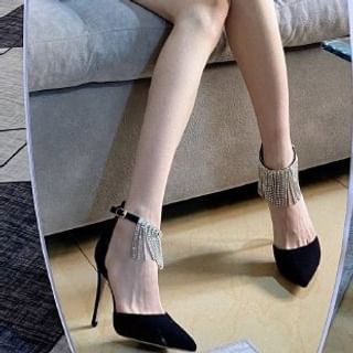 Stiletto Pointed Toe Rhinestone Fringed D'Orsay Pumps (Various Designs)