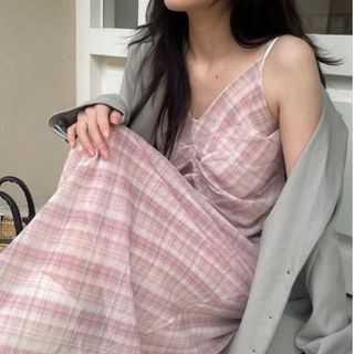 V-Neck Plaid Maxi Dress with Spaghetti Straps