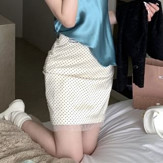 V-Neck Plain Embroidered Satin Cami Top / Plain Cardigan / High Rise Dotted Mini Pencil Skirt