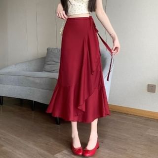 High Waist Plain Ruffle Midi A-Line Skirt