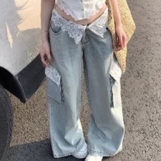 Lace Trim Button-Up Crop Camisole Top / Low Rise Washed Lace Panel Wide Leg Cargo Jeans