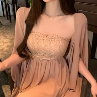 Strapless Lace Panel Bow Accent Mini A-Line Dress / Plain Shawl