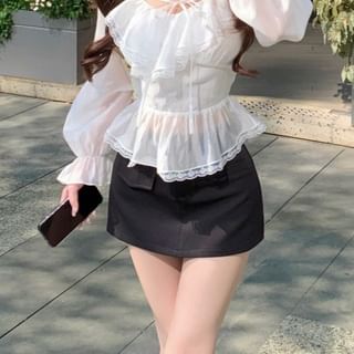 Long Sleeve V-Neck Plain Ruffle Tie Front Lace Trim Blouse / Mini Pencil Skirt
