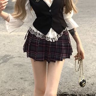 Puff-Sleeve Striped Lace Trim Blouse / Plain Button-Up Cami Top / High Waist Plaid Pleated Mini A-Line Skirt