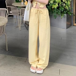 Plain Shirred Ruffled Crop Camisole Top / Mid Waist Wide Leg Pants