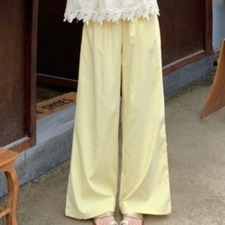 Sleeveless V-Neck Plain Lace Trim Top with High Rise Plain Wide Leg Pants