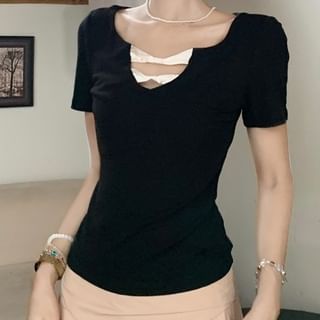 Notched Short-Sleeve Top with High Rise Maxi A-Line Skirt
