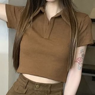 Plain Cropped Short-Sleeved Polo Top