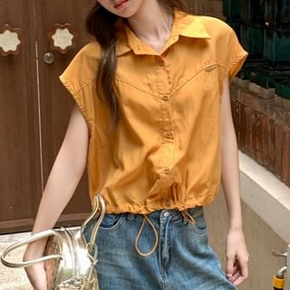 Drawstring Collared French-Sleeved Plain Blouse