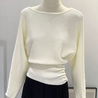 Off Shoulder Plain Ruched Knit Top with Long Sleeves and Textured Finish