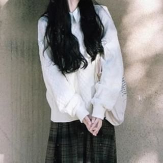 Crew Neck Cable Knit Sweater & Plaid Midi A-Line Skirt