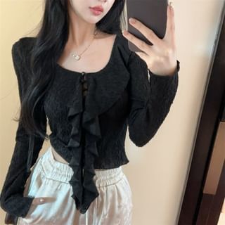 Ruffled Scoop-Neck Lace Crop Top with Button Front and Long Sleeves / Pleated Layered Mini A-Line Skirt High Waist