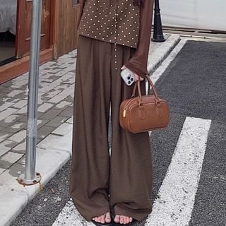 Dotted Bow Flowy Tube Top / Plain Cardigan / High Rise Wide Leg Pants