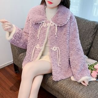 Lace Trim Floral Button-Up Fluffy Jacket