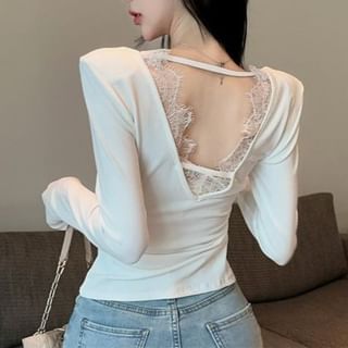 Open Back Lace Asymmetric V-Neck Extended Sleeve Top