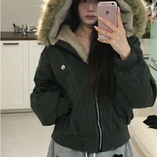 Faux Fur Hooded Zip-Up Padded Jacket