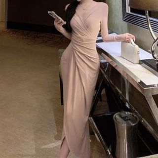 Long-Sleeve V-Neck Plain Ruched Front-Slit Maxi Sheath Dress