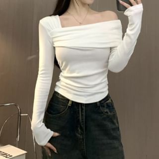 Asymmetrical Neck Cold-Shoulder Knit Long-Sleeve Top