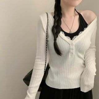 Long Sleeve V-Neck Lace Trim Button Ribbed Knit Top