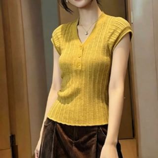 V-Neck Henley Knit Short Sleeve Top