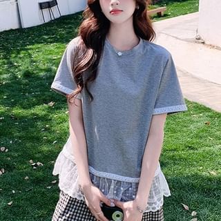 Maternity Crew Neck Lace Panel Tee & High Waist Checked Culottes