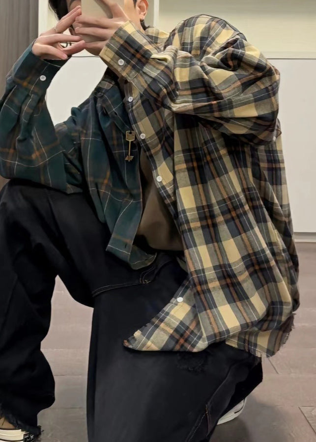 Loose Asymmetrical Plaid Button Cotton Mens Shirts Spring