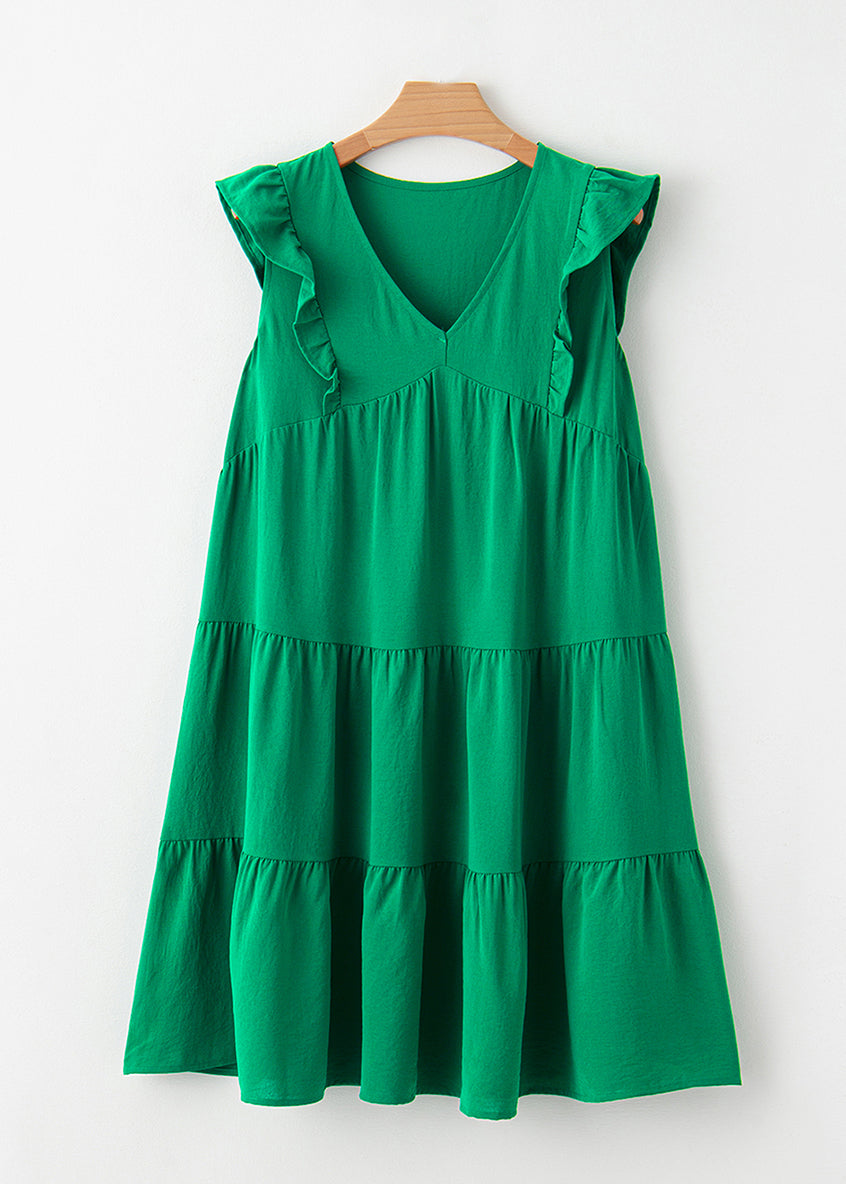 V Neck Dresses Patchwork Mid Green Loose Summe Solid