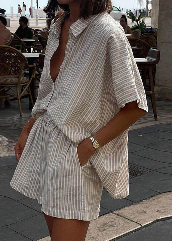 Striped Shorts Collar Shirts Sleeve And Pan Loose Pieces Peter Khaki Short Set Two