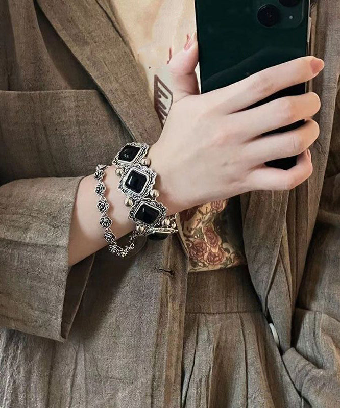 Modern Bracelet Sterling Silver Chain Set Gem Two-Piece Black Floral Stone