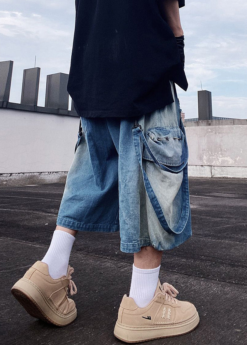 Modern Blue Pockets Oversized Denim Mens Shorts Summer
