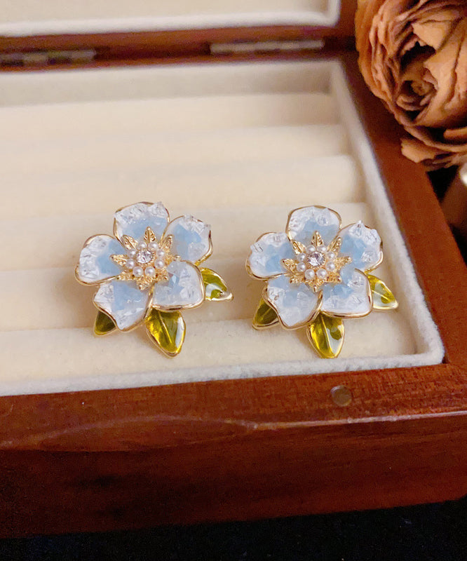 Camellia Zircon Stud Silver Sterling Modern Earrings Pearl Blue Overgild